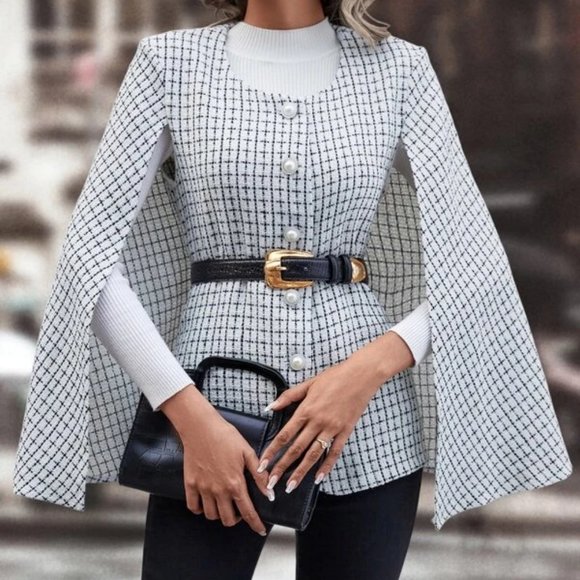 MODA ME COUTURE Jackets & Blazers - Elegant Cloak Sleeve Plaid Print white Cape Overcoat